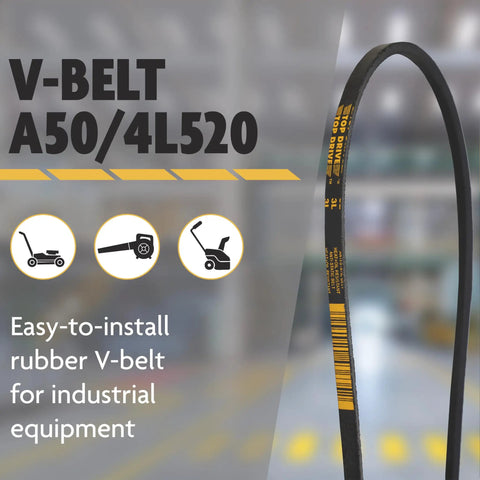 Beast Mode Heavy Duty Wrapped V Belt Half Inch Wide By Fifty Two Inch Long A50 4L520 A4L with industrial equipment icons