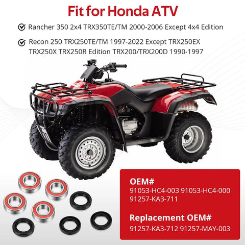Front Wheel Hub Bearings And Seals For Honda ATV Recon Rancher TRX 200 250 1990s To 2022 2x4 with OEM details and ATV image.