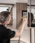 Person installing Built Tough Semi Hidden Door Hinge Set For RV Cabinets, 5-Pack Self-Closing Spring Hinges In Steel.