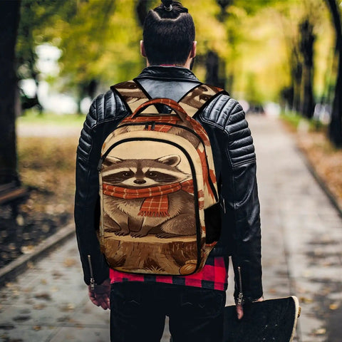 Fall Raccoon Print Backpack With Large Capacity Unisex Daypack worn by person on autumn path