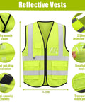 Eighteen Piece Squad Ready Construction Safety Bundle With White Cap Style Hard Hats Neon Hi Viz Vests Adjustable Clear Safety Glasses No Fuss Ppe Bulk Pack For Serious Job Site Hustle, showing a breathable mesh vest with reflective strips.