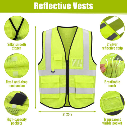 Eighteen Piece Squad Ready Construction Safety Bundle With White Cap Style Hard Hats Neon Hi Viz Vests Adjustable Clear Safety Glasses No Fuss Ppe Bulk Pack For Serious Job Site Hustle, showing a breathable mesh vest with reflective strips.