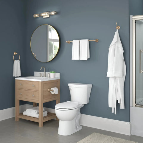 Bathroom with champagne bronze double towel hook and modern fixtures, showcasing organized decor and sleek zinc alloy wall mount design.
