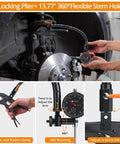 Neoteck disc brake rotor gauge set with 7in locking plier and 13.77in flexible arm, black, front view on car rotor