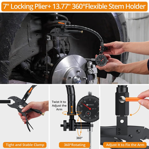 Neoteck disc brake rotor gauge set with 7in locking plier and 13.77in flexible arm, black, front view on car rotor