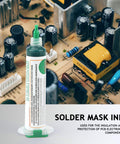 Light Curable Solder Mask Ink For PCB Insulation And BGA Repair Solder Resist Ink That Cures With Sunlight in syringe near PCB