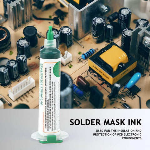 Light Curable Solder Mask Ink For PCB Insulation And BGA Repair Solder Resist Ink That Cures With Sunlight in syringe near PCB
