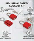 Heavy Duty Industrial Safety Lockout Tagout Kit with tamper-proof hasp, six-hole interlocking system, thermoplastic padlocks, and dual keys.