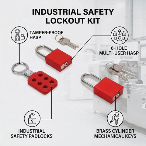 Heavy Duty Industrial Safety Lockout Tagout Kit with tamper-proof hasp, six-hole interlocking system, thermoplastic padlocks, and dual keys.