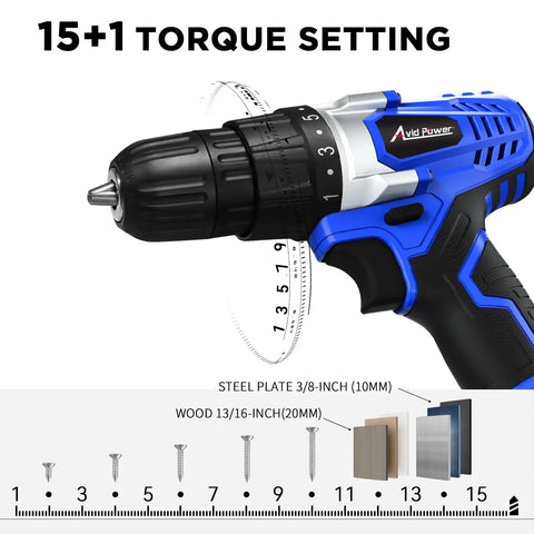 Ultimate 20V Cordless Drill Set for Easy Home DIY and Beginner Projects, showing 15+1 torque settings and keyless chuck.