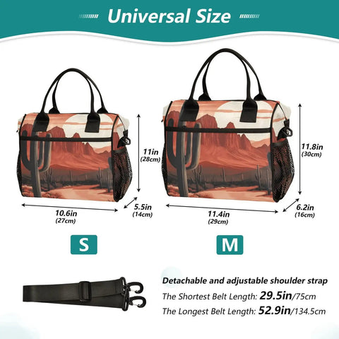 Desert Landscape Cactus Insulated Lunch Bag For Women, Leakproof Portable Cooler Tote, Size M and S, with strap measurements.