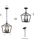 Oil Rubbed Bronze 3-Light Pagoda LED Pendant Lantern With Rustic Iron Frame, adjustment details and dimensions shown.
