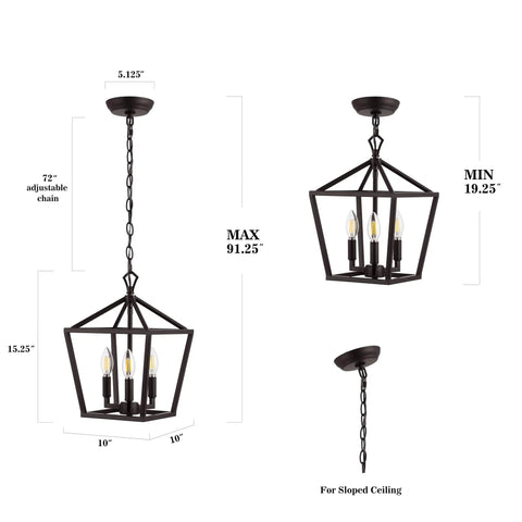 Oil Rubbed Bronze 3-Light Pagoda LED Pendant Lantern With Rustic Iron Frame, adjustment details and dimensions shown.