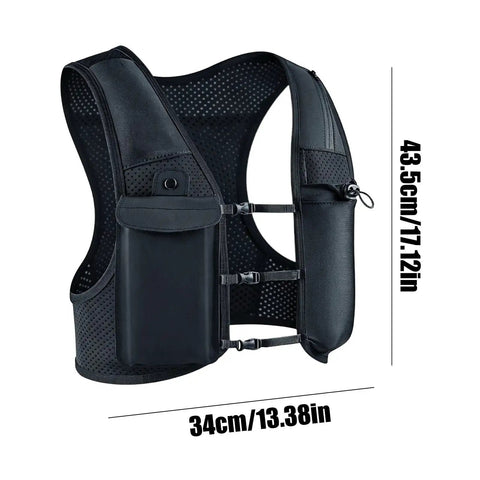 High Visibility Reflective Running Vest Hydration Backpack Plus 500ml Soft Flask Hands Free All Day Lightweight Gear For Early Morning Runs And Night Jogging On Trails. Black vest with side view, size 43.5cm/34cm.