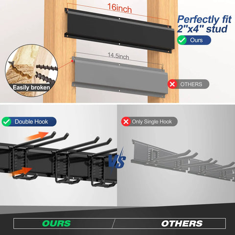 Comparison showing heavy duty garage storage rack system wall mounted tool organizer with eight double hooks versus single hook design, fits standard two by four stud spacing.