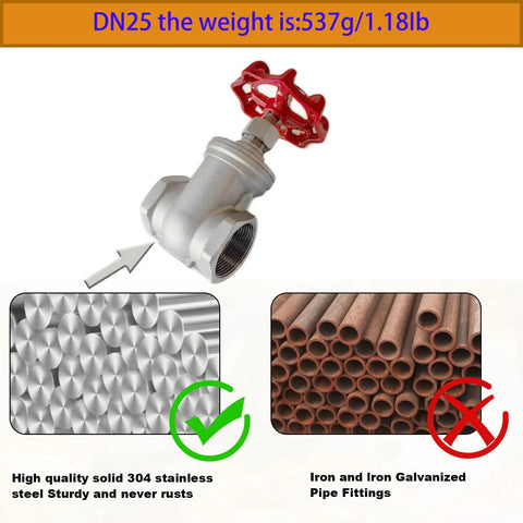 Stainless Steel Gate Valve 1 Inch NPT Female Thread Rotary Valve For Water Flow Control, 304 Grade DN25 High Flow, red handle