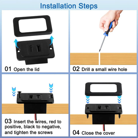 Installation steps for Road Certified Two Pack Rv Usb Outlet 12V 24V Wall Mount Dual Type A And C Fast Charger in black.
