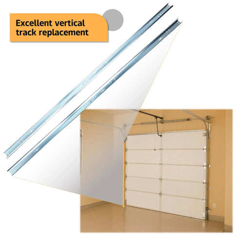Garage Door Vertical Track Replacement Kit In Galvanized Steel Left And Right Rails For 2 Inch Light Commercial Side Tracks Universal 7 Foot Tall Doors Easy Installation Note Does Not Include Rollers Bolts Brackets Or Curved Tracks shown installed in a garage.