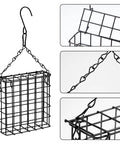 2 Pack Suet Bird Feeders For Outdoor Hanging, Backyard Bird Watching Station That Holds One Suet Cake Each, Durable Garden Cage To Attract Wild Birds In Your Yard, shown in black steel with side and top views.