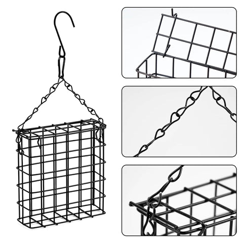 2 Pack Suet Bird Feeders For Outdoor Hanging, Backyard Bird Watching Station That Holds One Suet Cake Each, Durable Garden Cage To Attract Wild Birds In Your Yard, shown in black steel with side and top views.
