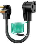 Dryer Adapter From 4 Prong To 3 Prong For Old School Homes Converts NEMA 10-30P Plug To 14-30R Receptacle 10 AWG STW 1.5 Foot Cord With Ground Wire ETL Listed, showing black cord and green ground wire.