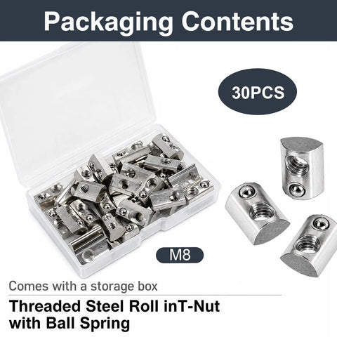 30 Piece M8 Spring T Nuts For 4040 Aluminum Extrusion Profiles in a storage box for easy organization and access.