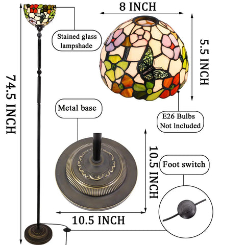 Tiffany Style Floor Lamp With Swivel Arm 72 Inch Tall Stained Glass Reading Light Antique Bronze Base Butterfly Flowers Shade