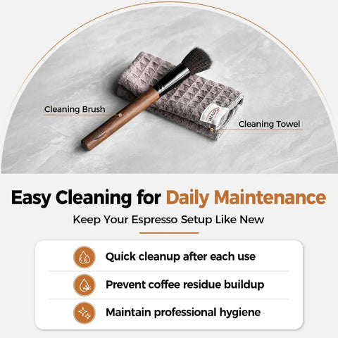 Cleaning brush and towel for Solid Gold 58 Mm Espresso Toolkit Designed For Home Baristas Featuring Killer Precision Tamper Quick Distributor.