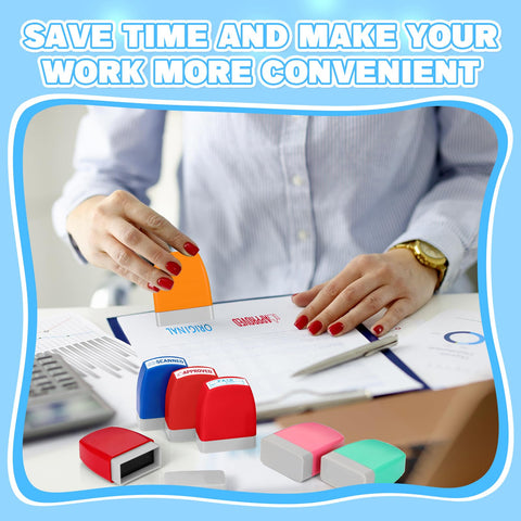 Fresh Out The Box 8 Piece Pre Inked Office Stamp Set With Bold Multicolor Plastic Handles in use on documents.