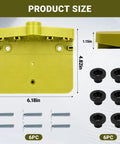 Top view of yellow table saw rip fence feed support measuring 6.18in x 4.82in with attachment screws and knobs.