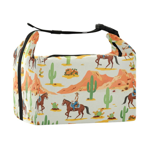 Cowboy Themed Insulated Lunch Bag Tote For Women And Men, Leakproof Reusable Lunch Box with desert and cacti design, large capacity