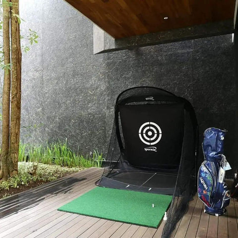 Golf Practice Net With Automatic Ball Return System, Target Sheet, Two Side Barriers, And Roof in a home outdoor setup