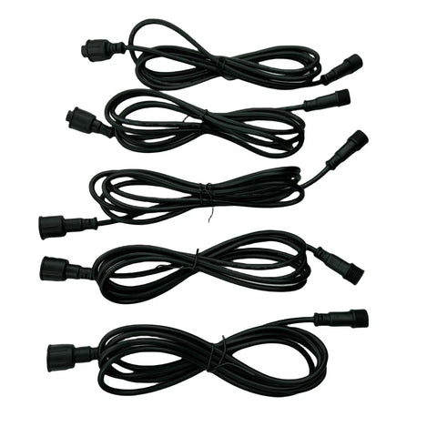 Five black waterproof extension cords with secure male to female plugs, showcasing 18 AWG solid copper wire setup.