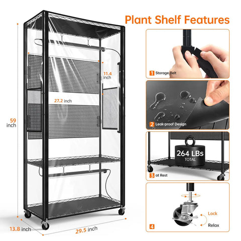 Indoor Greenhouse Cabinet With Pegboards And Four 96W Full Spectrum Grow Lights For Indoor Plants Foliage, Removable Pegboards, Staggered Shelves For Trailing Plants, Efficient Grow Setup, Measures 29.5 By 13.8 By 59 Inches