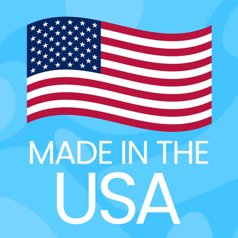 American flag with text Made in the USA on a blue background