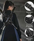 Ninja Sword Back Holster And Back Sheath Dope Adjustable Leather Double Sword Holder worn by person with black outfit