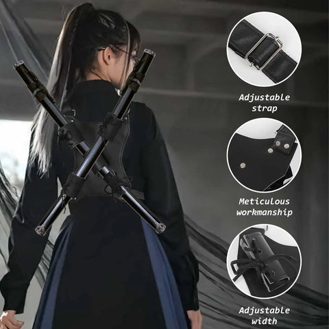 Ninja Sword Back Holster And Back Sheath Dope Adjustable Leather Double Sword Holder worn by person with black outfit