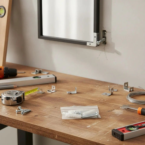 DIY Friendly Hollow Wall Mount Kit For Shelves And Mirrors With Drywall Anchors And Screws, PP plastic plugs and steel screws on workbench