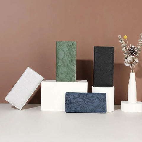 MULE Ultra Slim Wallet For Women Bifold Leather RFID Blocking Designer Card Holder With Microfiber Leather in various colors displayed