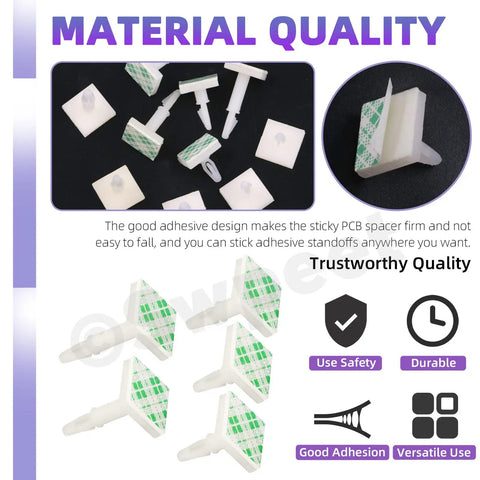Hella Sturdy White Adhesive Insulated PCB Standoffs Assortment Kit 75 Pack Featuring 5 Sizes From 0.19 To 0.62 Inch Sticky Spacers For Circuit Boards showing adhesive standoffs in various sizes and shapes.