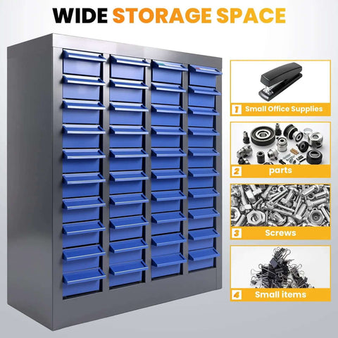 Beefy Heavy Duty Small Parts Storage Organizer With 40 Blue ABS Drawers, 25 Inch High Steel Nuts And Bolts Cabinet For Screws Nails and Fasteners
