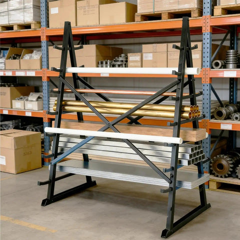 Built Tough As Nails Adjustable Seven Tier Steel Lumber Rack with wood and metal stacked in a garage setting.
