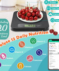 Smart Food Scale With Nutritional Calculator holding cherries, displaying grams and 20 nutrient metrics with app sync shown on phone.