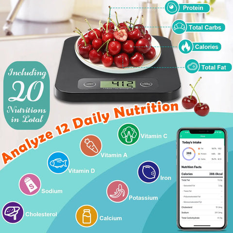 Smart Food Scale With Nutritional Calculator holding cherries, displaying grams and 20 nutrient metrics with app sync shown on phone.