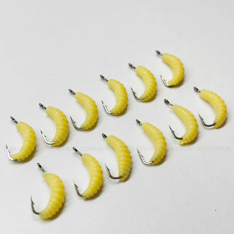 Rugged Rubber Maggots Bait Set For Freshwater Fishing With 12 Hooks And 12 Worms arranged on a white background
