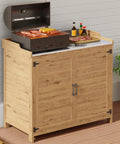 Outdoor Potting Bench With Metal Tabletop And Double Doors Garden Work Bench For Backyard Patio And Lawn, Weatherproof Wooden Storage Cabinet With Adjustable Shelf In Natural Finish with BBQ setup