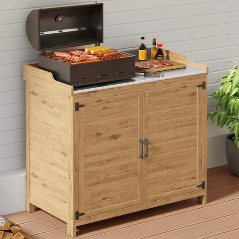 Outdoor Potting Bench With Metal Tabletop And Double Doors Garden Work Bench For Backyard Patio And Lawn, Weatherproof Wooden Storage Cabinet With Adjustable Shelf In Natural Finish with BBQ setup
