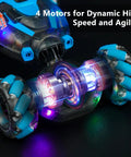 Sensing RC Stunt Car For Kids With 2.4GHz Hand Remote, Gravity Sensing Watch Control, glowing wheels and motor, close-up view.
