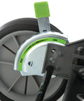 Close-up of 18-Inch Push Reel Lawn Mower With 5 Blade Ball Bearing Reel, Easy Start, showing adjustable cutting height lever near wheel.