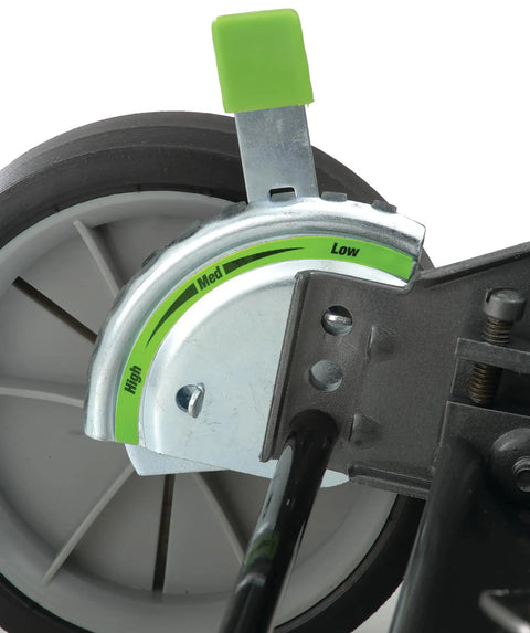 Close-up of 18-Inch Push Reel Lawn Mower With 5 Blade Ball Bearing Reel, Easy Start, showing adjustable cutting height lever near wheel.